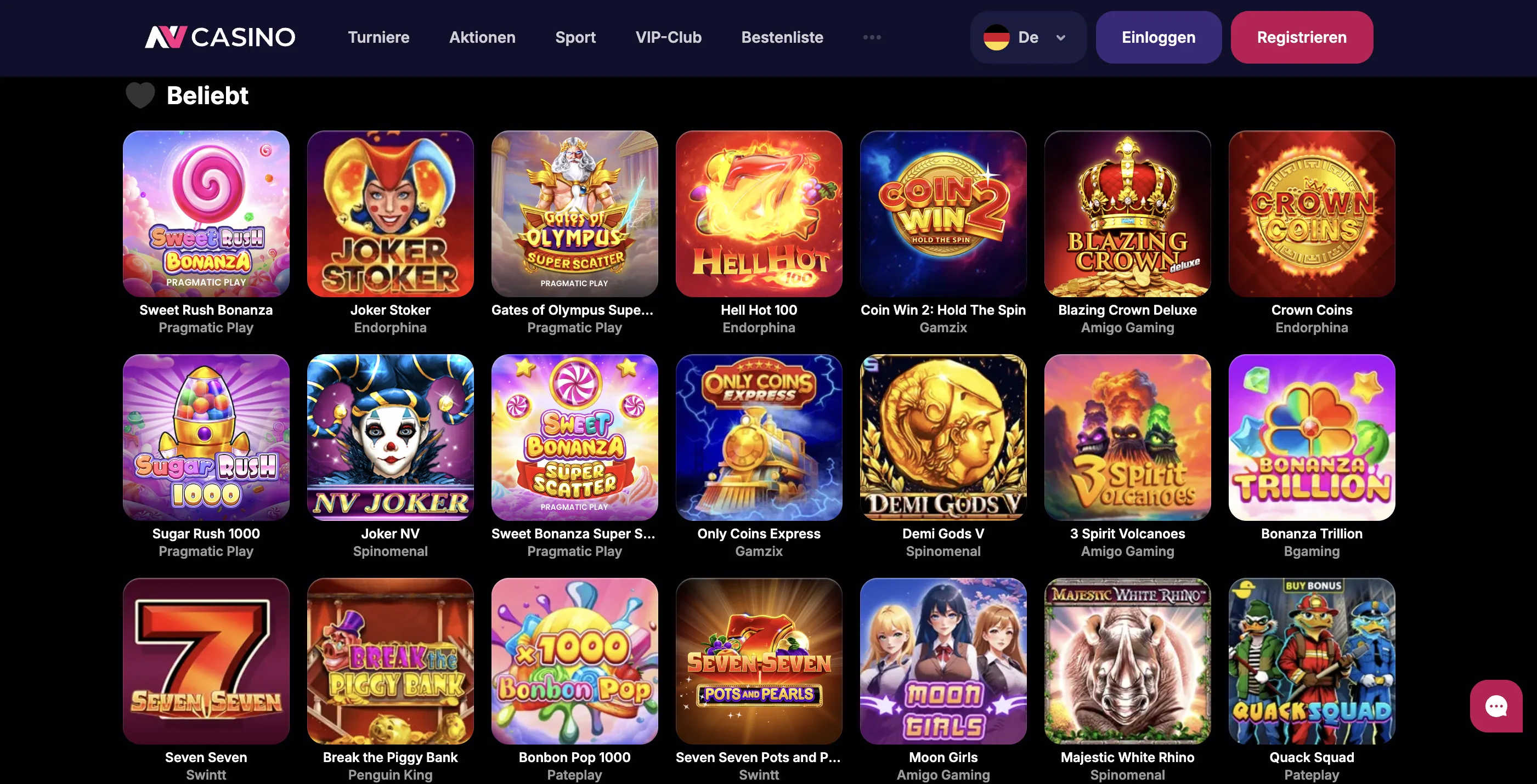 Spielauswahl bei NV Casino